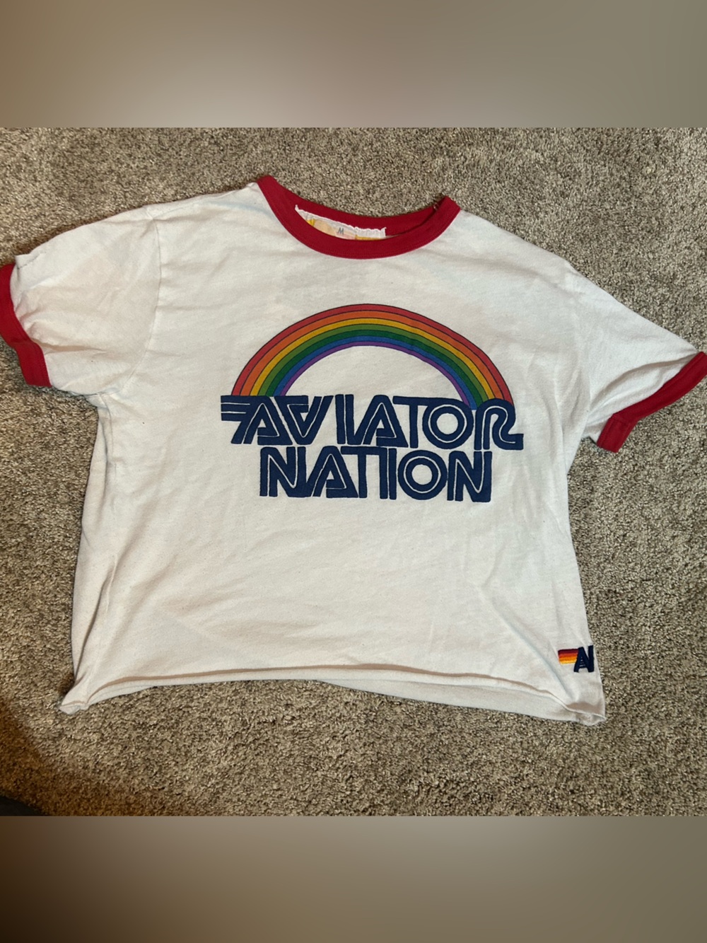Aviator Nation Retro Rainbow 70s Boyfriend Ringer Tee White Red Medium
